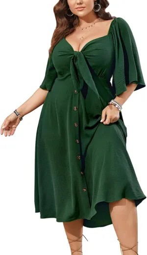 SCOMCHIC Plus Size Summer Dress Casual Short Sleeve Bow Tie Deep V Neck Smocked Button Down Midi Flowy A-line Boho Dresses