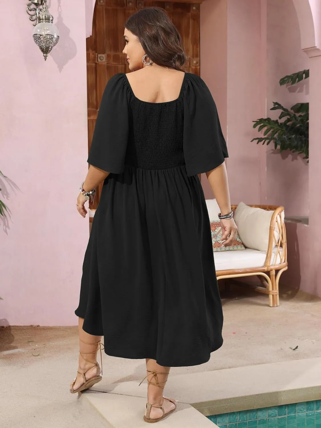 SCOMCHIC Plus Size Summer Dress Casual Short Sleeve Bow Tie Deep V Neck Smocked Button Down Midi Flowy A-line Boho Dresses