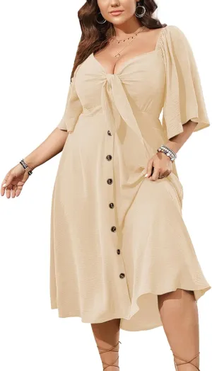SCOMCHIC Plus Size Summer Dress Casual Short Sleeve Bow Tie Deep V Neck Smocked Button Down Midi Flowy A-line Boho Dresses