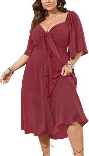 SCOMCHIC Plus Size Summer Dress Casual Short Sleeve Bow Tie Deep V Neck Smocked Button Down Midi Flowy A-line Boho Dresses