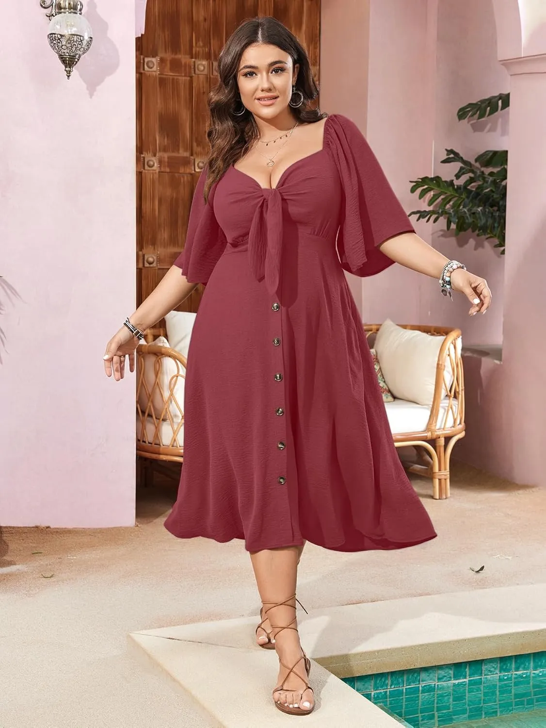 SCOMCHIC Plus Size Summer Dress Casual Short Sleeve Bow Tie Deep V Neck Smocked Button Down Midi Flowy A-line Boho Dresses