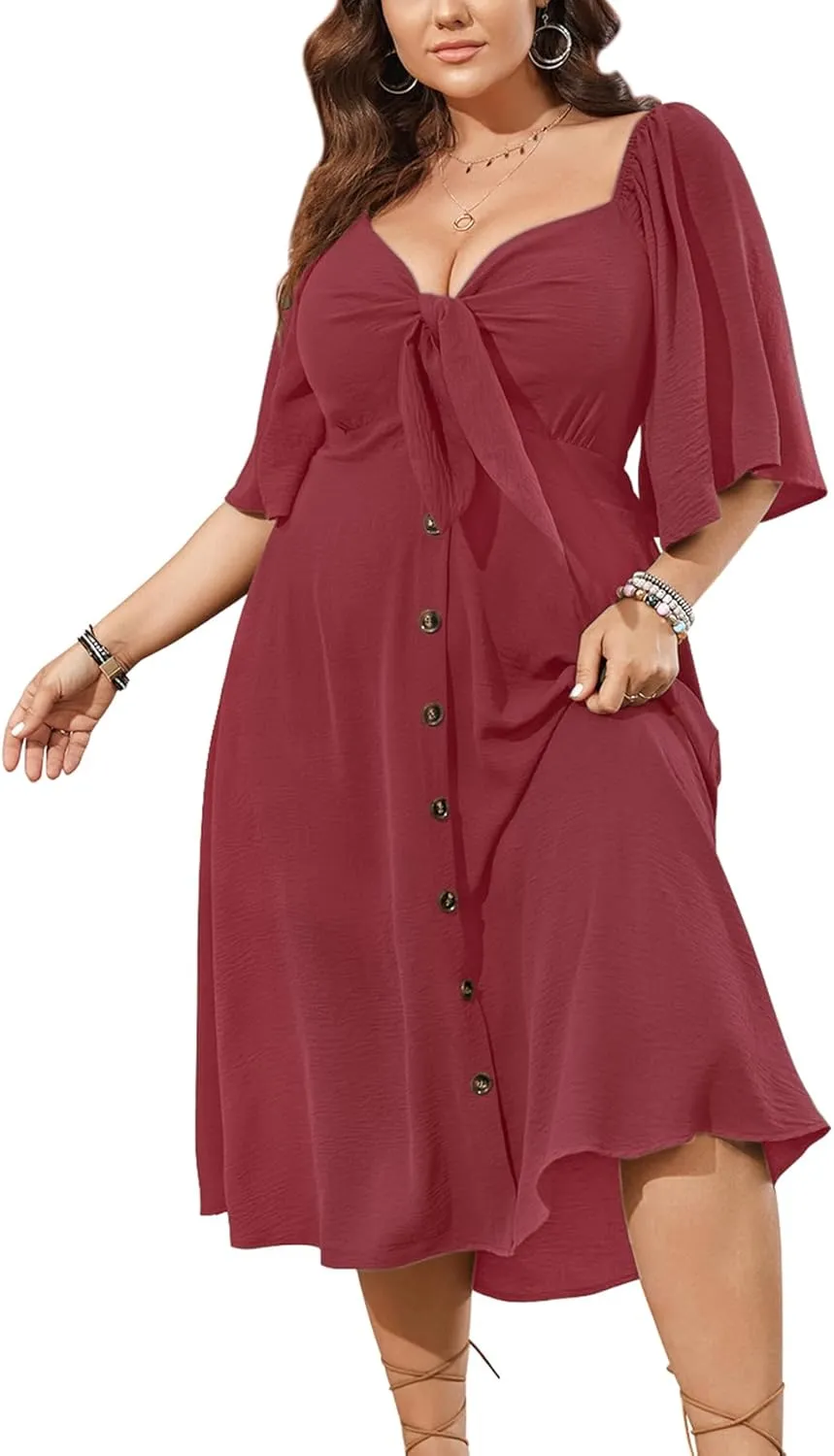 SCOMCHIC Plus Size Summer Dress Casual Short Sleeve Bow Tie Deep V Neck Smocked Button Down Midi Flowy A-line Boho Dresses