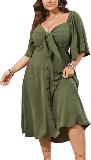 SCOMCHIC Plus Size Summer Dress Casual Short Sleeve Bow Tie Deep V Neck Smocked Button Down Midi Flowy A-line Boho Dresses