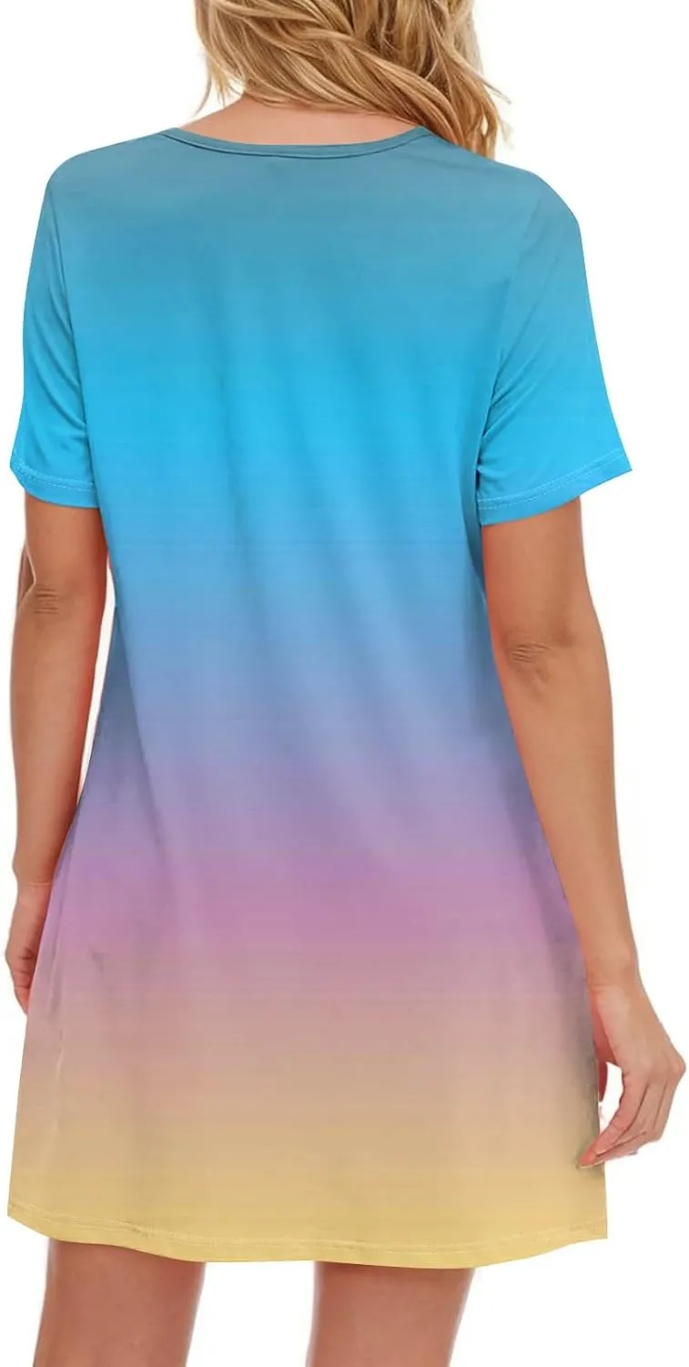 Short Sleeve Dress for Women Casual V Neck Summer Mini Dresses Beach Vacation Loose Flowy Sundress with Pockets