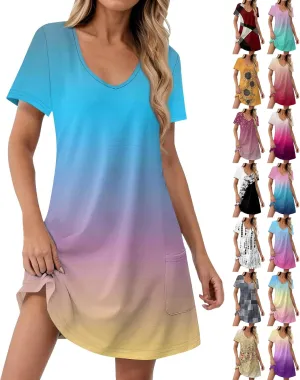 Short Sleeve Dress for Women Casual V Neck Summer Mini Dresses Beach Vacation Loose Flowy Sundress with Pockets