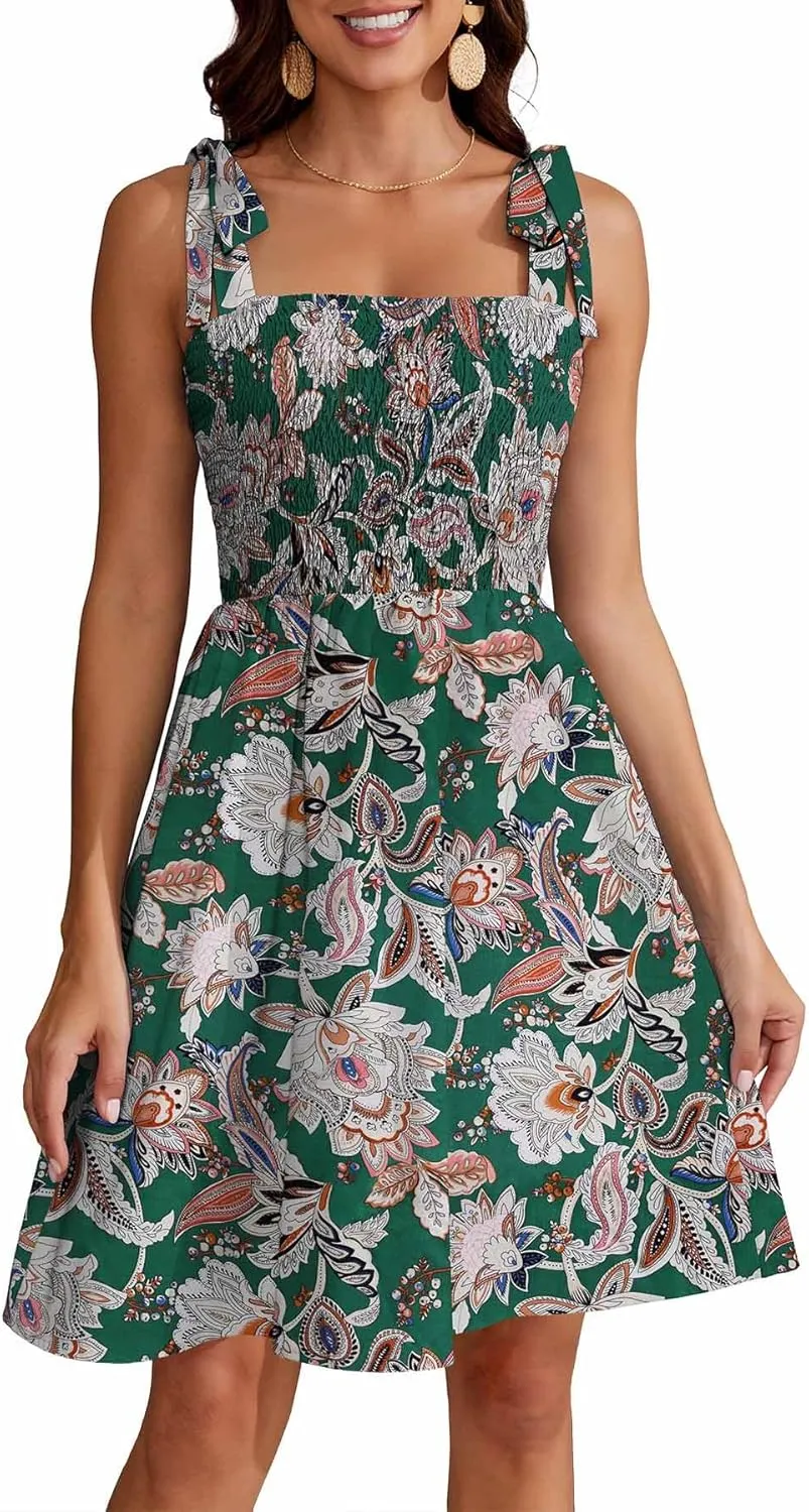 Short Summer Dresses for Women 2025 Beach Vacation Tie Spaghetti Strap Square Neck Sleeveless Swing Boho Dress