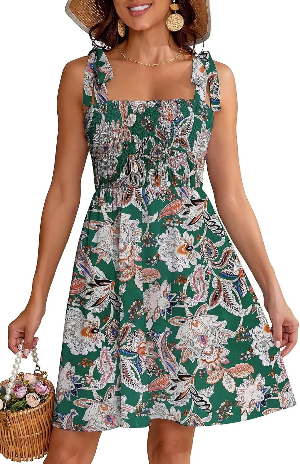 Short Summer Dresses for Women 2025 Beach Vacation Tie Spaghetti Strap Square Neck Sleeveless Swing Boho Dress