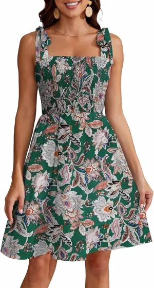 Short Summer Dresses for Women 2025 Beach Vacation Tie Spaghetti Strap Square Neck Sleeveless Swing Boho Dress