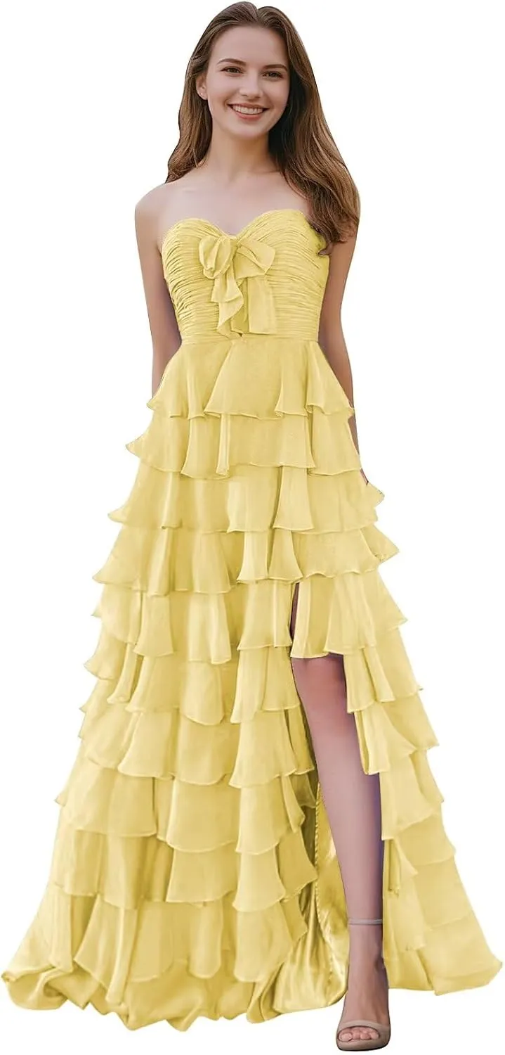 SHSUREVE Chiffon Ruffle Prom Dresses with Slit A Line Sweetheart Strapless Tiered Long Evening Party Formal Gown
