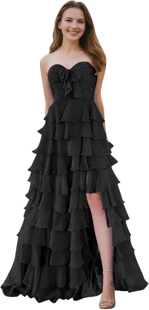 SHSUREVE Chiffon Ruffle Prom Dresses with Slit A Line Sweetheart Strapless Tiered Long Evening Party Formal Gown