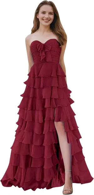 SHSUREVE Chiffon Ruffle Prom Dresses with Slit A Line Sweetheart Strapless Tiered Long Evening Party Formal Gown