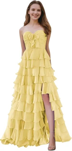 SHSUREVE Chiffon Ruffle Prom Dresses with Slit A Line Sweetheart Strapless Tiered Long Evening Party Formal Gown