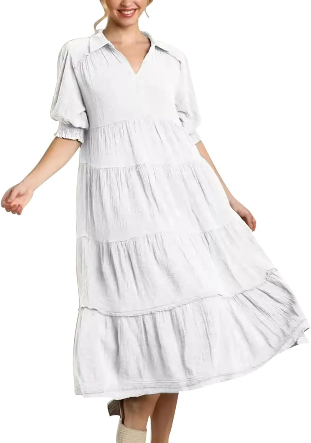 Solid Puff Sleeve Dresses Women Spring Summer Trendy Midi Dress Pleated Swing V Neck Sundress Casual Outfits
