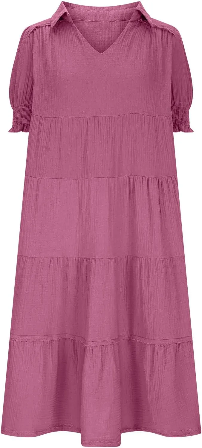 Solid Puff Sleeve Dresses Women Spring Summer Trendy Midi Dress Pleated Swing V Neck Sundress Casual Outfits