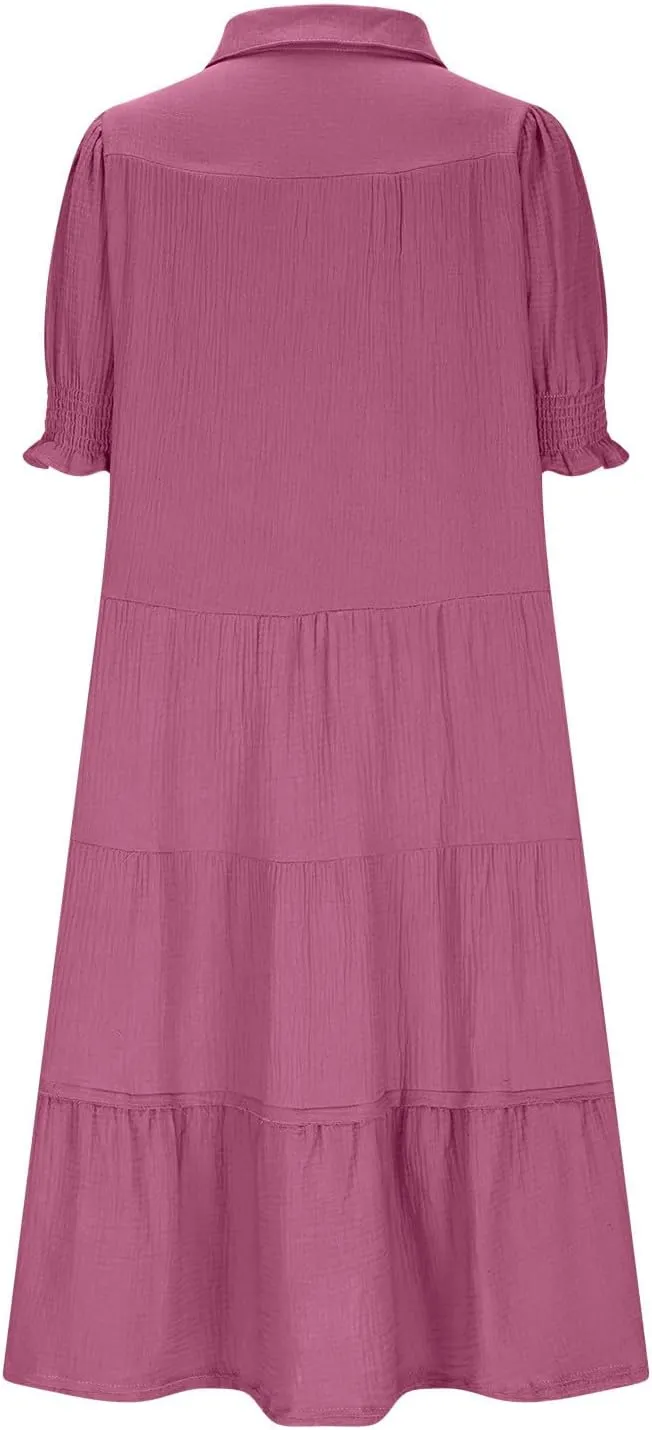 Solid Puff Sleeve Dresses Women Spring Summer Trendy Midi Dress Pleated Swing V Neck Sundress Casual Outfits