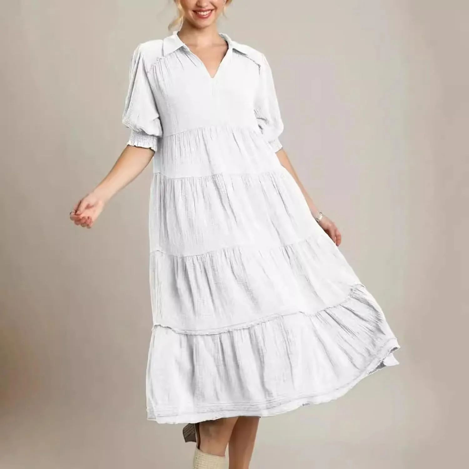 Solid Puff Sleeve Dresses Women Spring Summer Trendy Midi Dress Pleated Swing V Neck Sundress Casual Outfits