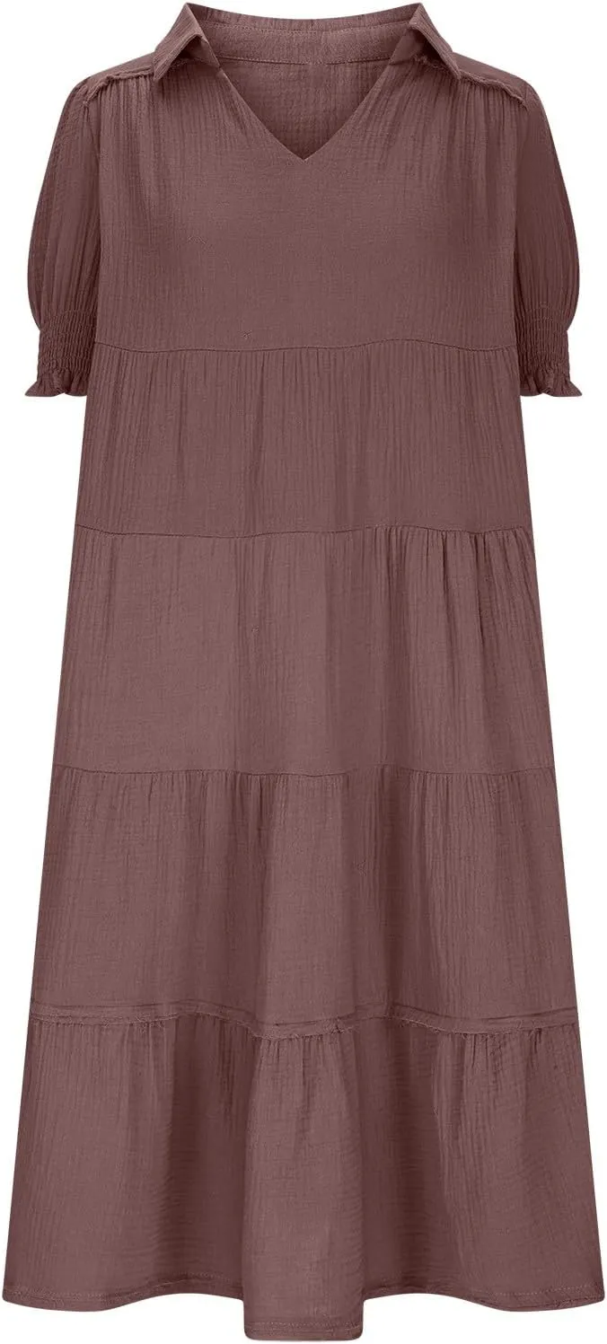 Solid Puff Sleeve Dresses Women Spring Summer Trendy Midi Dress Pleated Swing V Neck Sundress Casual Outfits
