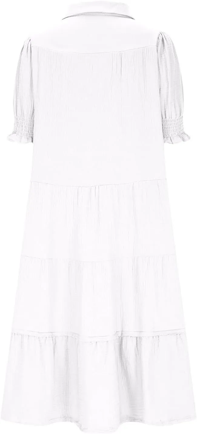 Solid Puff Sleeve Dresses Women Spring Summer Trendy Midi Dress Pleated Swing V Neck Sundress Casual Outfits