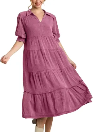 Solid Puff Sleeve Dresses Women Spring Summer Trendy Midi Dress Pleated Swing V Neck Sundress Casual Outfits