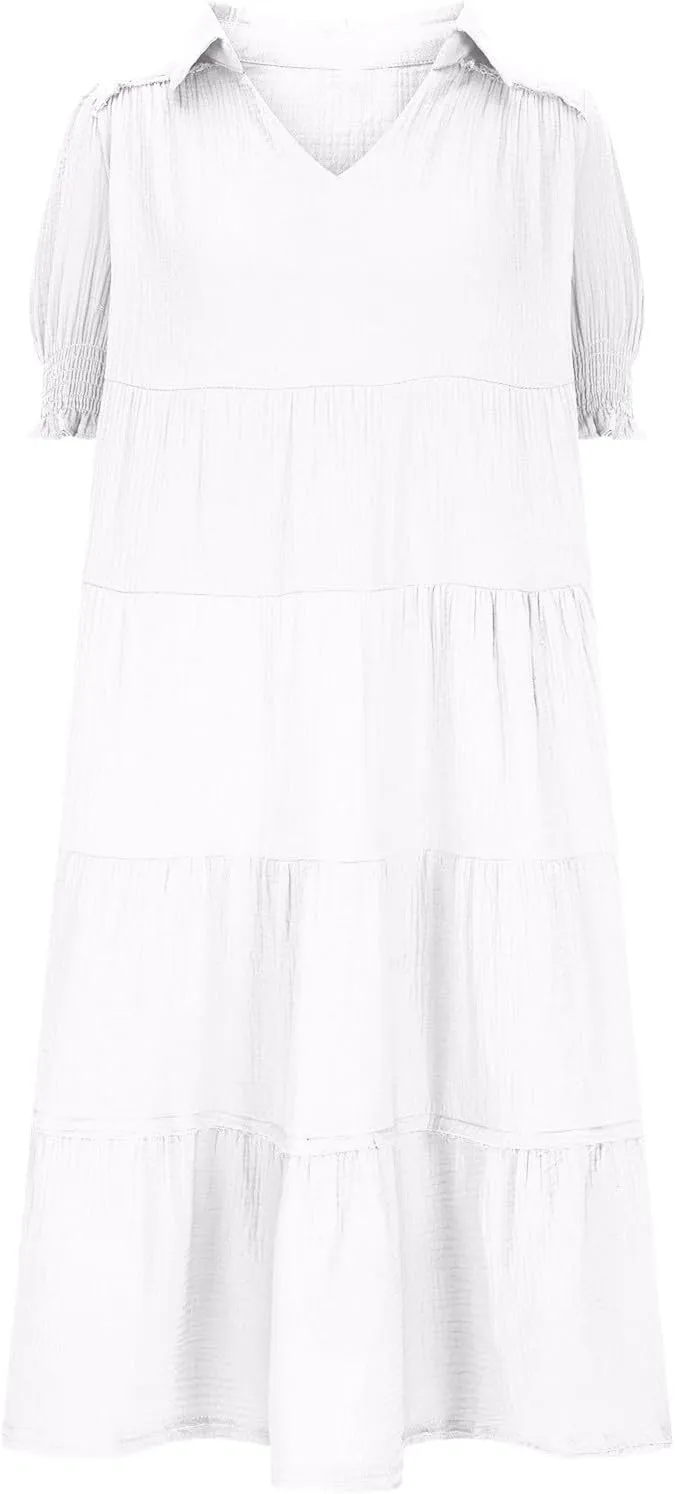 Solid Puff Sleeve Dresses Women Spring Summer Trendy Midi Dress Pleated Swing V Neck Sundress Casual Outfits
