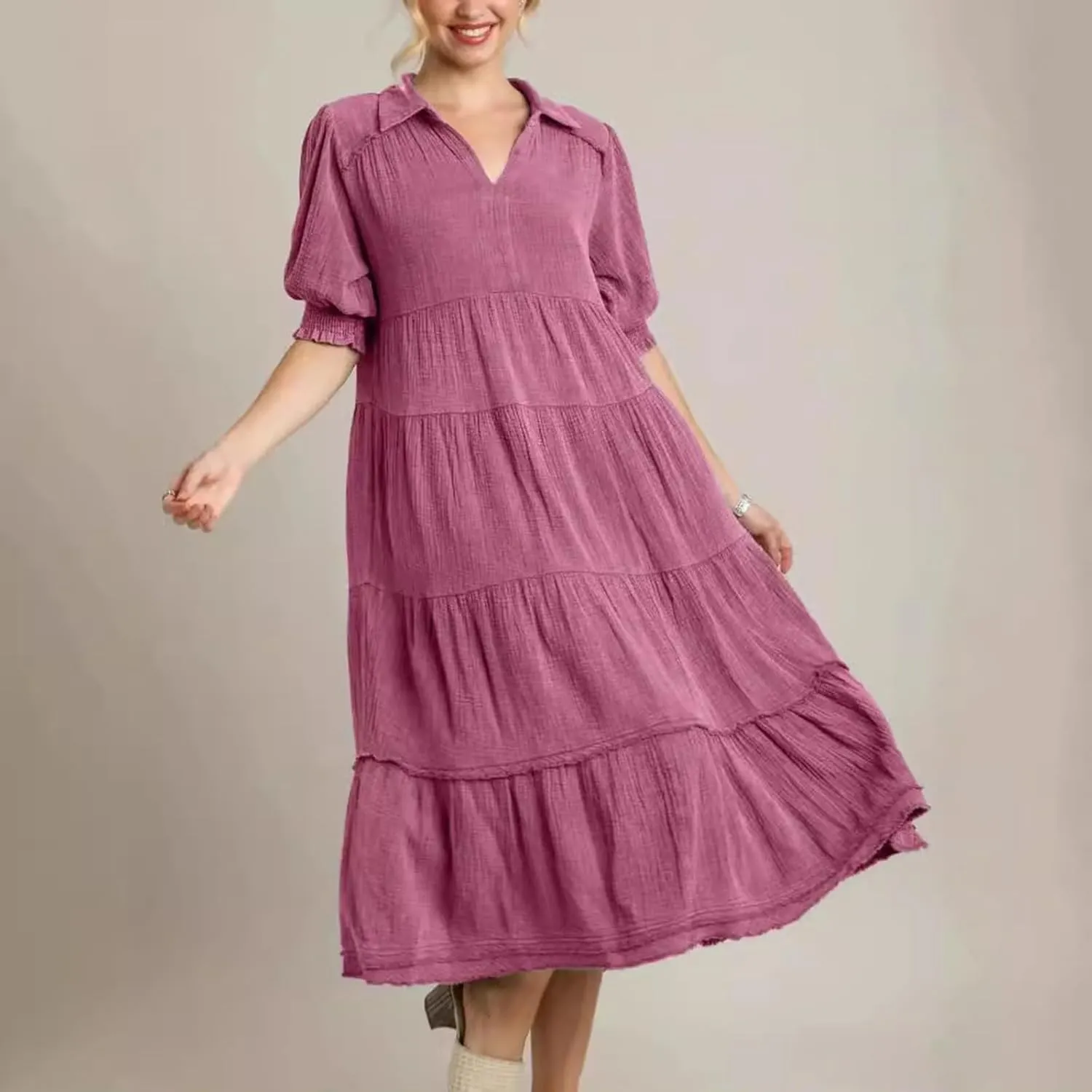 Solid Puff Sleeve Dresses Women Spring Summer Trendy Midi Dress Pleated Swing V Neck Sundress Casual Outfits