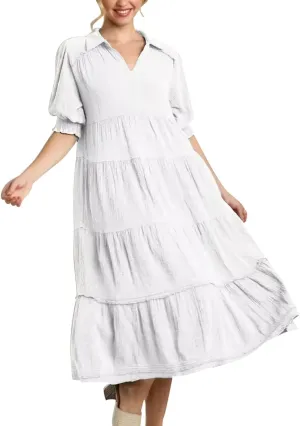 Solid Puff Sleeve Dresses Women Spring Summer Trendy Midi Dress Pleated Swing V Neck Sundress Casual Outfits