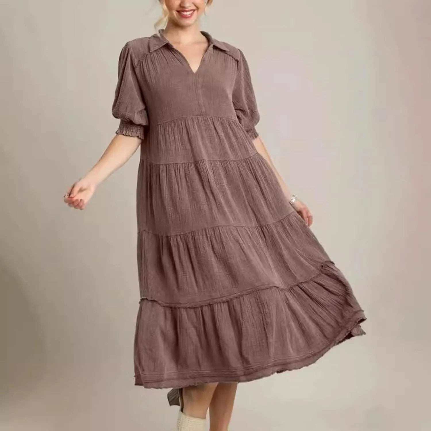 Solid Puff Sleeve Dresses Women Spring Summer Trendy Midi Dress Pleated Swing V Neck Sundress Casual Outfits