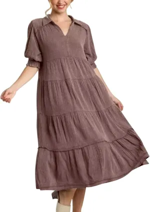 Solid Puff Sleeve Dresses Women Spring Summer Trendy Midi Dress Pleated Swing V Neck Sundress Casual Outfits