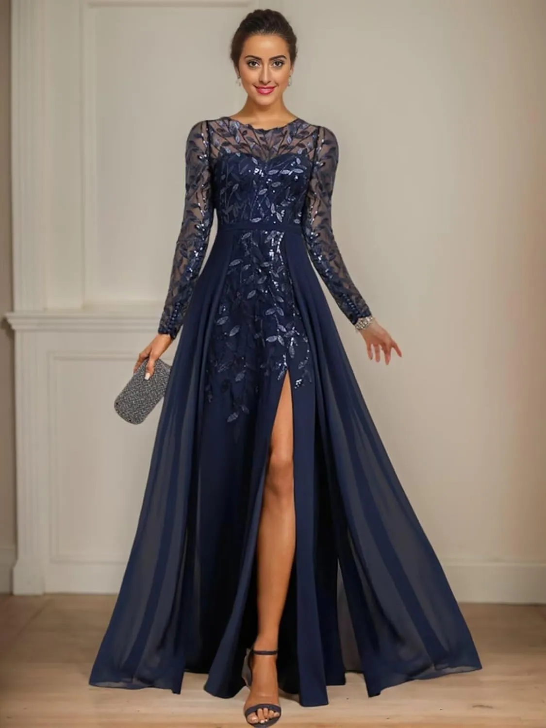 Sparkly Sequin Mother of The Bride Dresses for Wedding Long Chiffon Formal Evening Gown with Sleeves