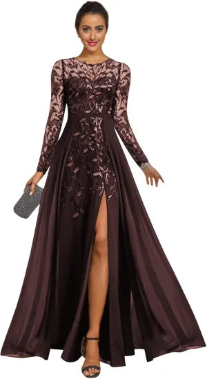 Sparkly Sequin Mother of The Bride Dresses for Wedding Long Chiffon Formal Evening Gown with Sleeves