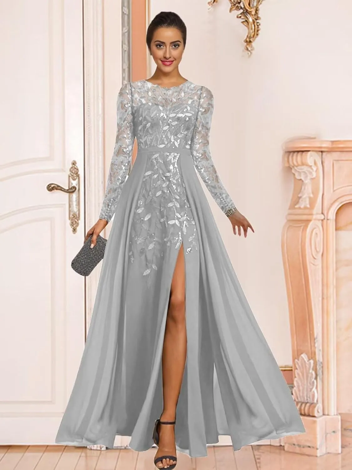 Sparkly Sequin Mother of The Bride Dresses for Wedding Long Chiffon Formal Evening Gown with Sleeves