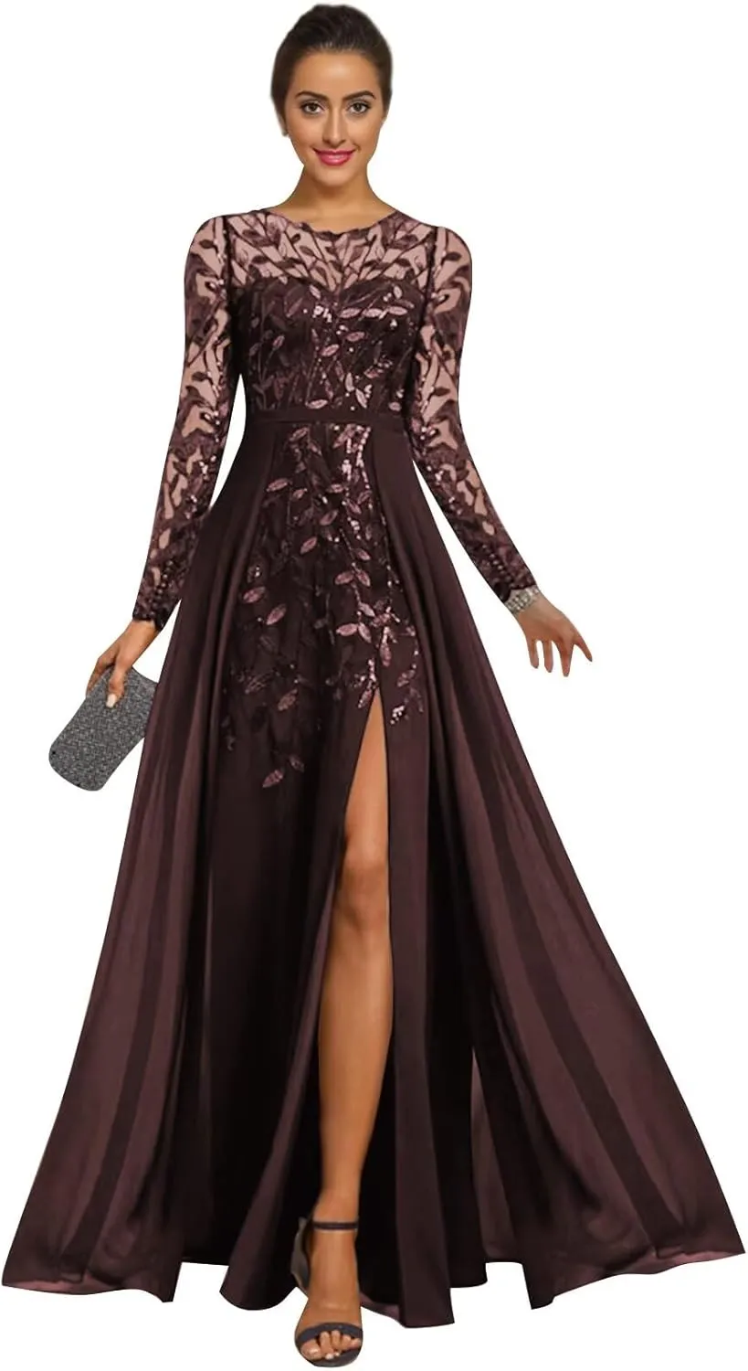 Sparkly Sequin Mother of The Bride Dresses for Wedding Long Chiffon Formal Evening Gown with Sleeves