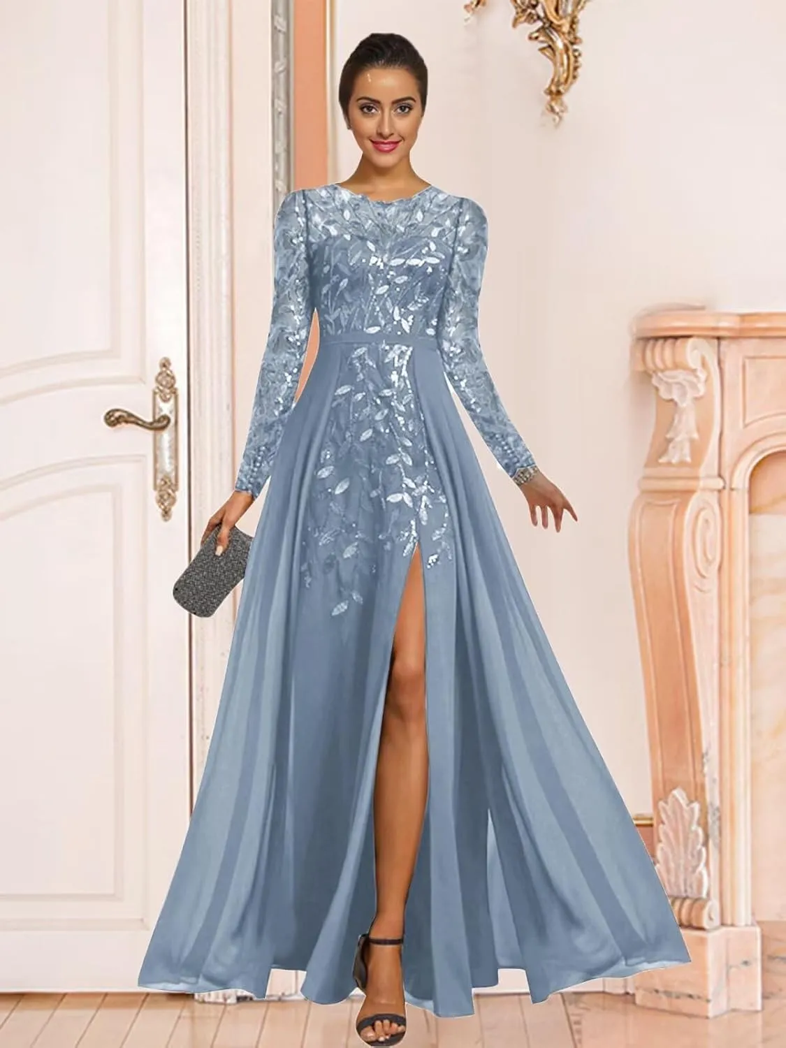 Sparkly Sequin Mother of The Bride Dresses for Wedding Long Chiffon Formal Evening Gown with Sleeves