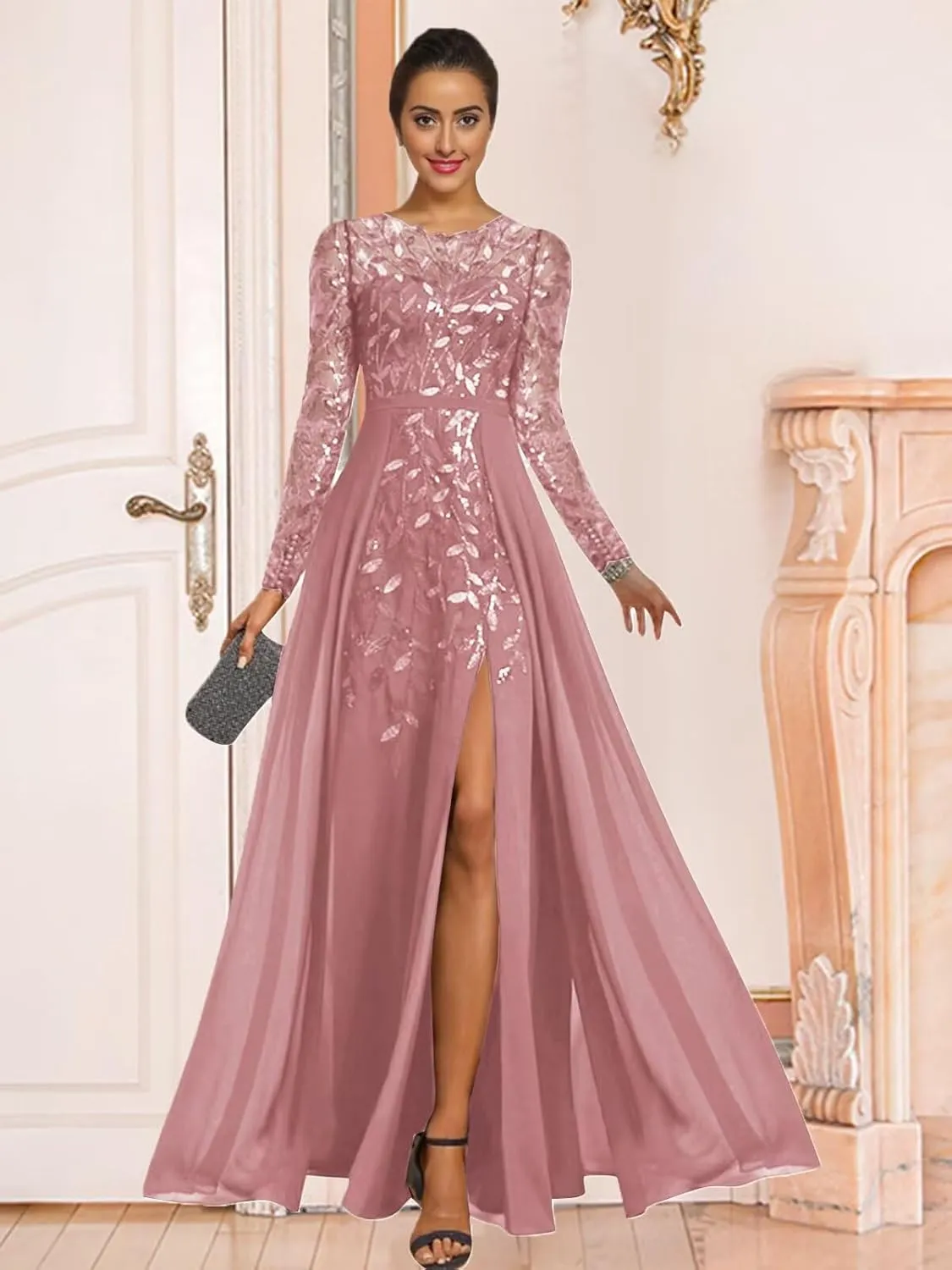 Sparkly Sequin Mother of The Bride Dresses for Wedding Long Chiffon Formal Evening Gown with Sleeves