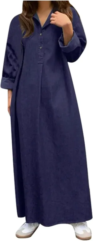 Spring Denim Solid Color Bohemian Maxi Dress: Casual Plus Size Long Dress for Chic Tie Waist Midi Dresses for