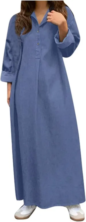 Spring Denim Solid Color Bohemian Maxi Dress: Casual Plus Size Long Dress for Chic Tie Waist Midi Dresses for