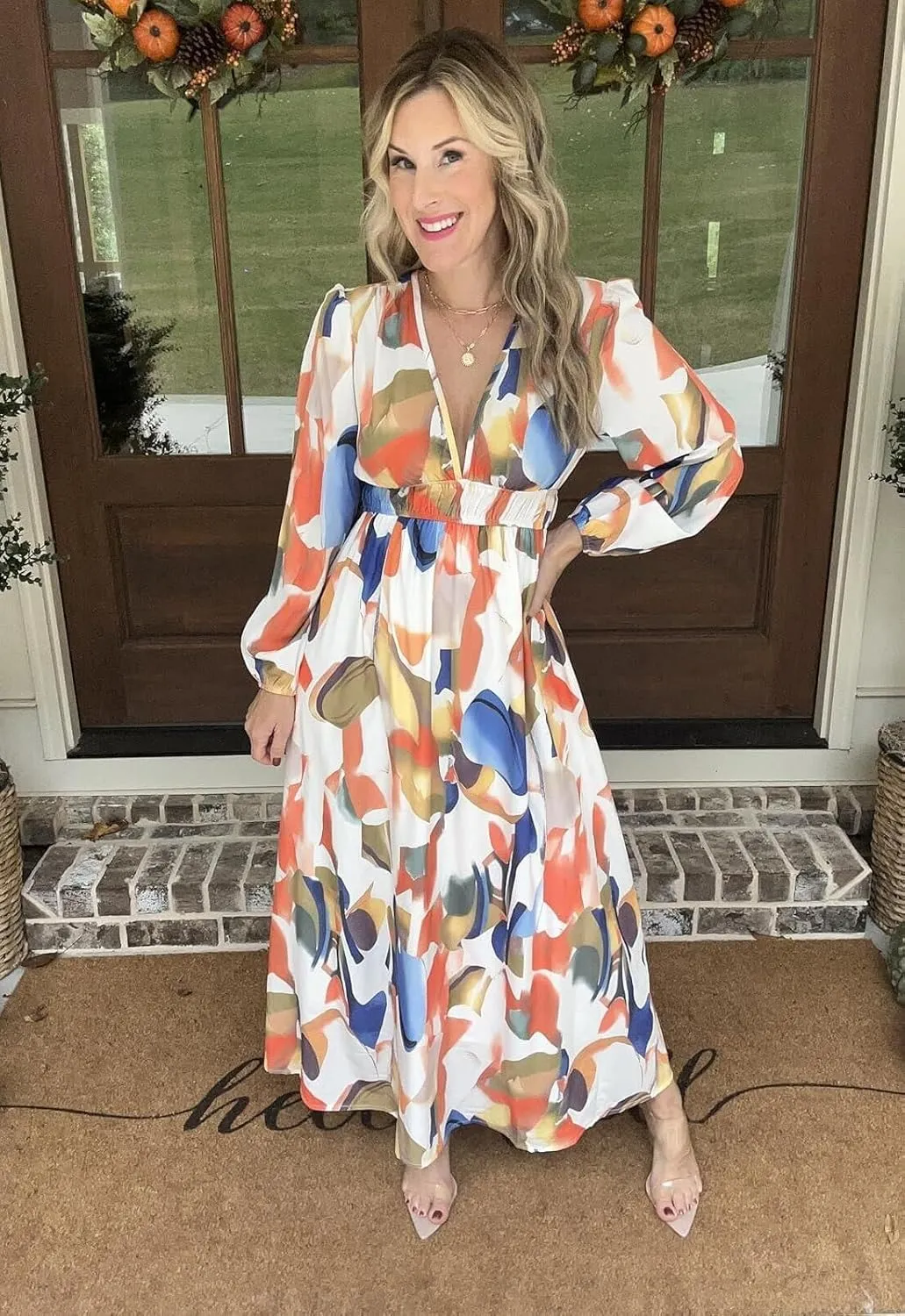Spring Dress for Women 2024, Boho Flowy Dresses, Puff Sleeve Ruffle Cake Skirt, V Neck Printed Long Dresses
