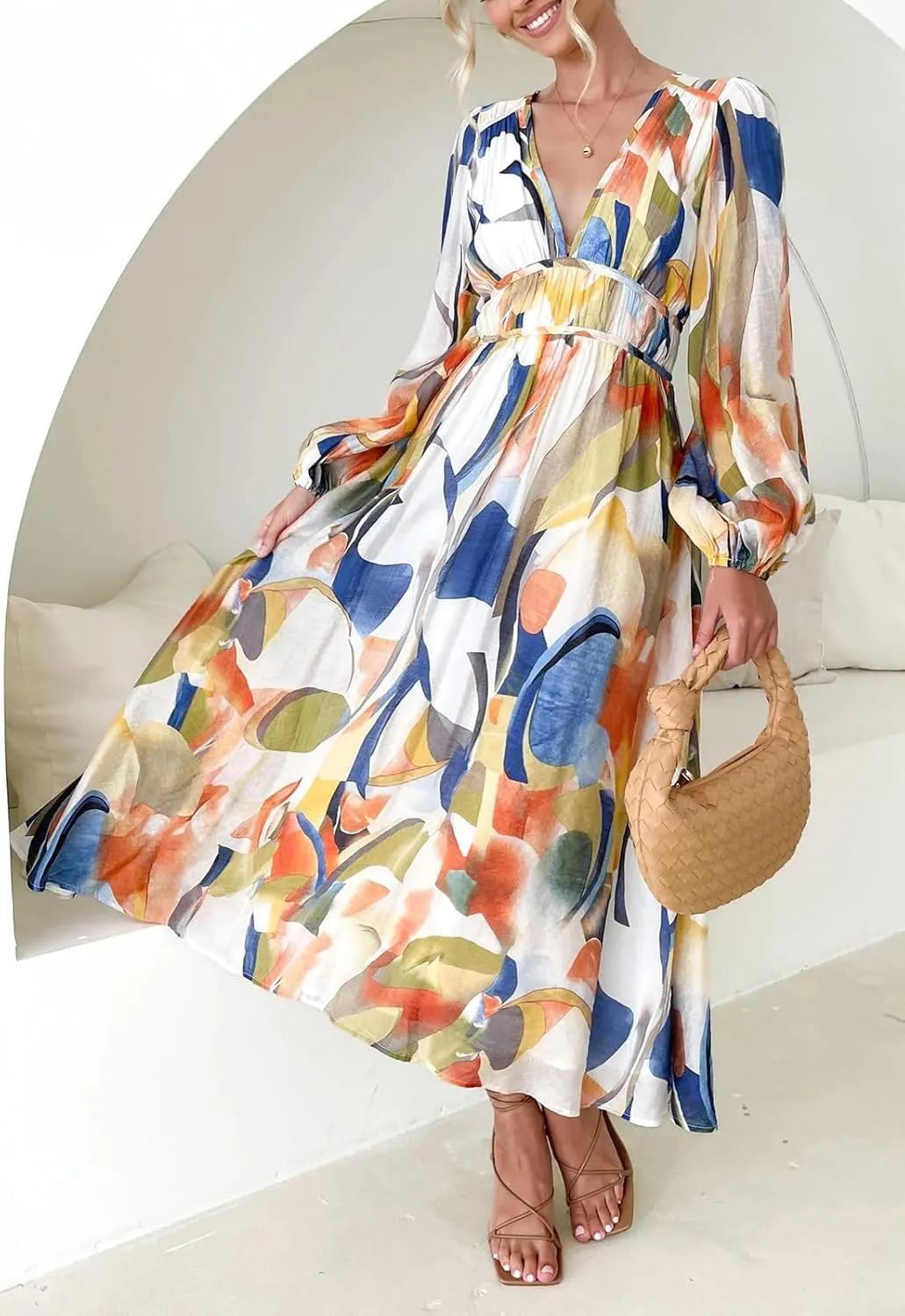 Spring Dress for Women 2024, Boho Flowy Dresses, Puff Sleeve Ruffle Cake Skirt, V Neck Printed Long Dresses