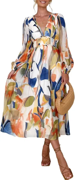 Spring Dress for Women 2024, Boho Flowy Dresses, Puff Sleeve Ruffle Cake Skirt, V Neck Printed Long Dresses