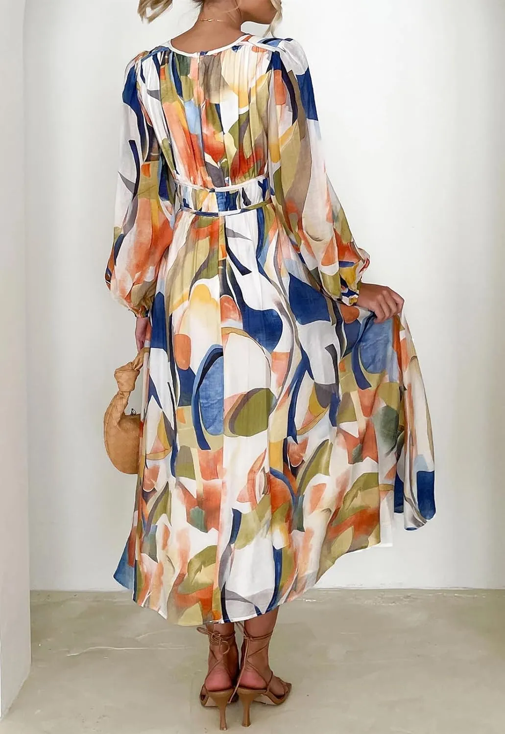 Spring Dress for Women 2024, Boho Flowy Dresses, Puff Sleeve Ruffle Cake Skirt, V Neck Printed Long Dresses