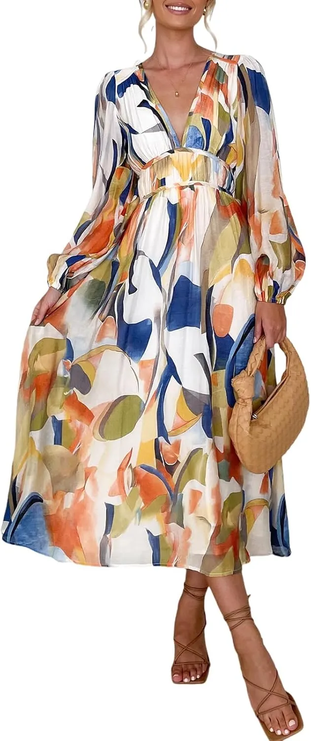 Spring Dress for Women 2024, Boho Flowy Dresses, Puff Sleeve Ruffle Cake Skirt, V Neck Printed Long Dresses