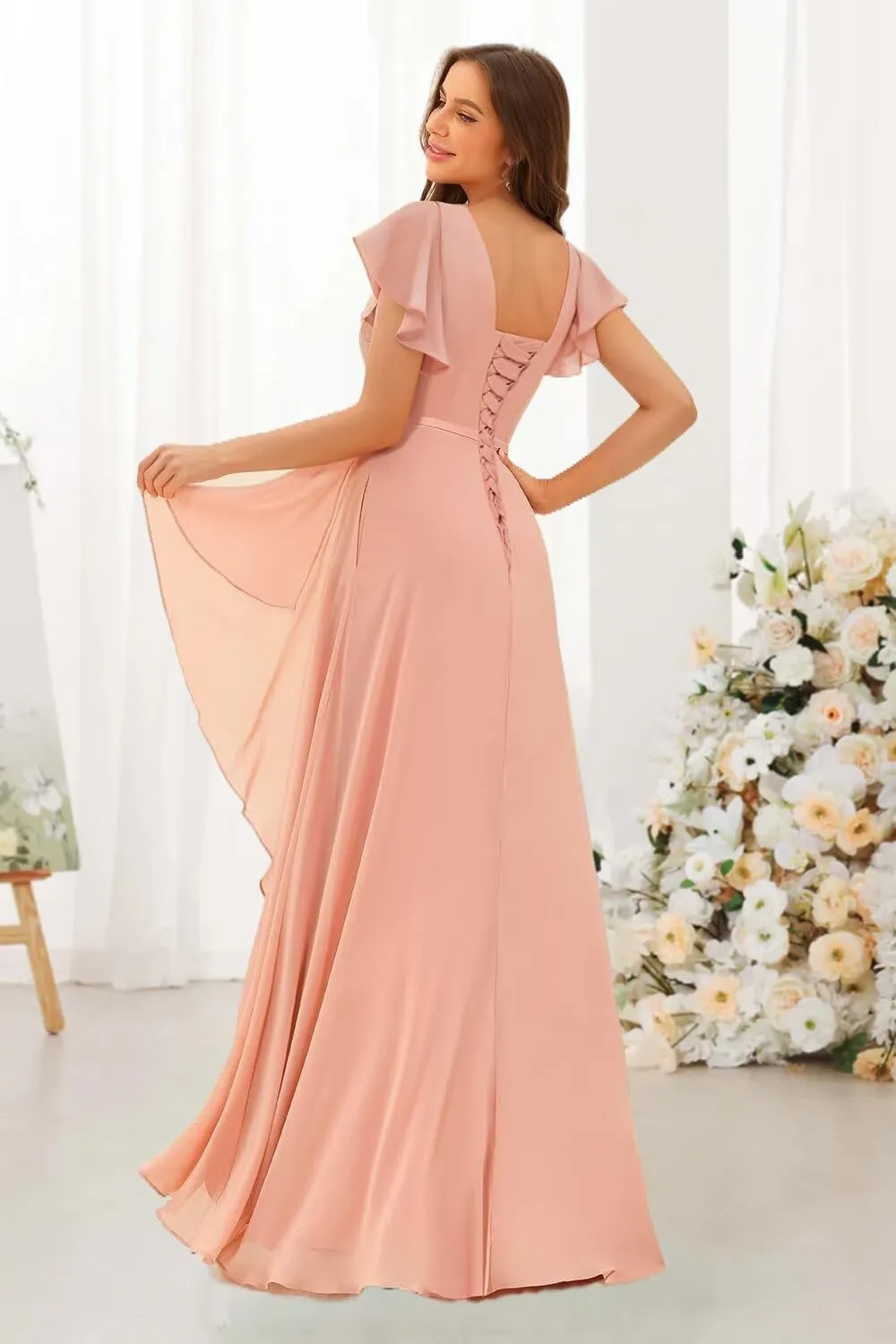 Square Neck Bridesmaid Dresses for Women Short Sleeves Pleated Chiffon Long Formal Evening Dress KY027