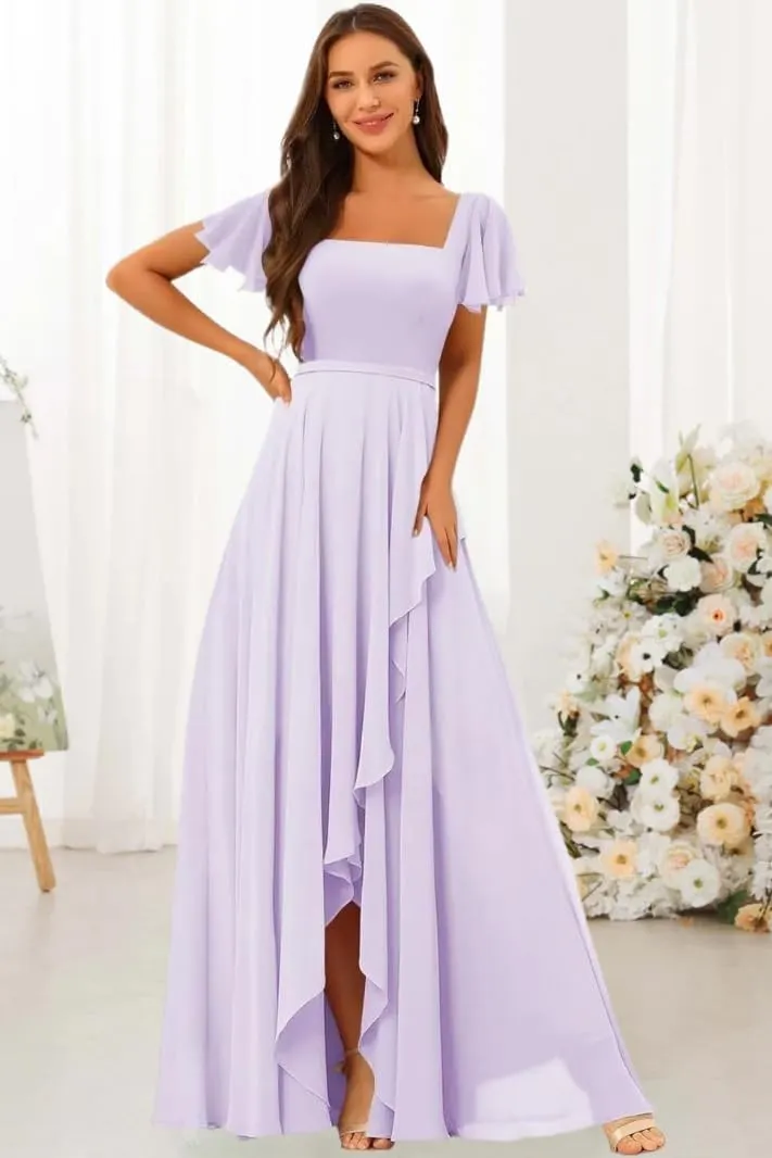 Square Neck Bridesmaid Dresses for Women Short Sleeves Pleated Chiffon Long Formal Evening Dress KY027