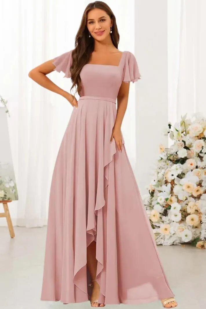 Square Neck Bridesmaid Dresses for Women Short Sleeves Pleated Chiffon Long Formal Evening Dress KY027