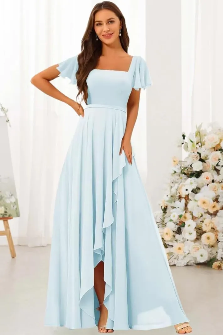 Square Neck Bridesmaid Dresses for Women Short Sleeves Pleated Chiffon Long Formal Evening Dress KY027