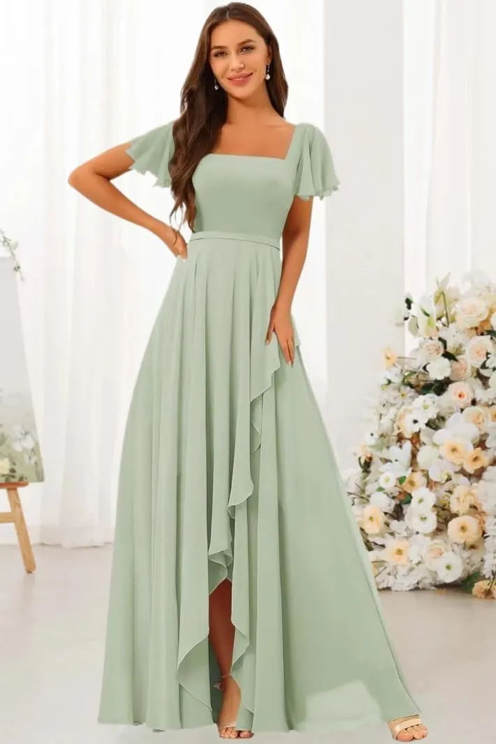 Square Neck Bridesmaid Dresses for Women Short Sleeves Pleated Chiffon Long Formal Evening Dress KY027