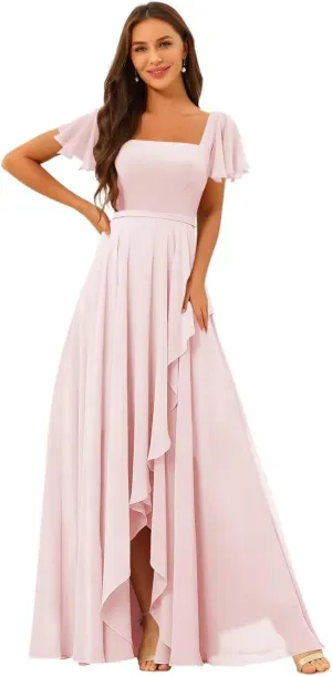 Square Neck Bridesmaid Dresses for Women Short Sleeves Pleated Chiffon Long Formal Evening Dress KY027
