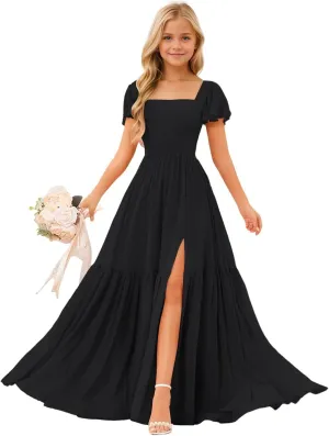 Square Neck Junior Bridesmaid Dresses Chiffon Flower Girls Dresses A Line Girls Wedding Pageant Gowns