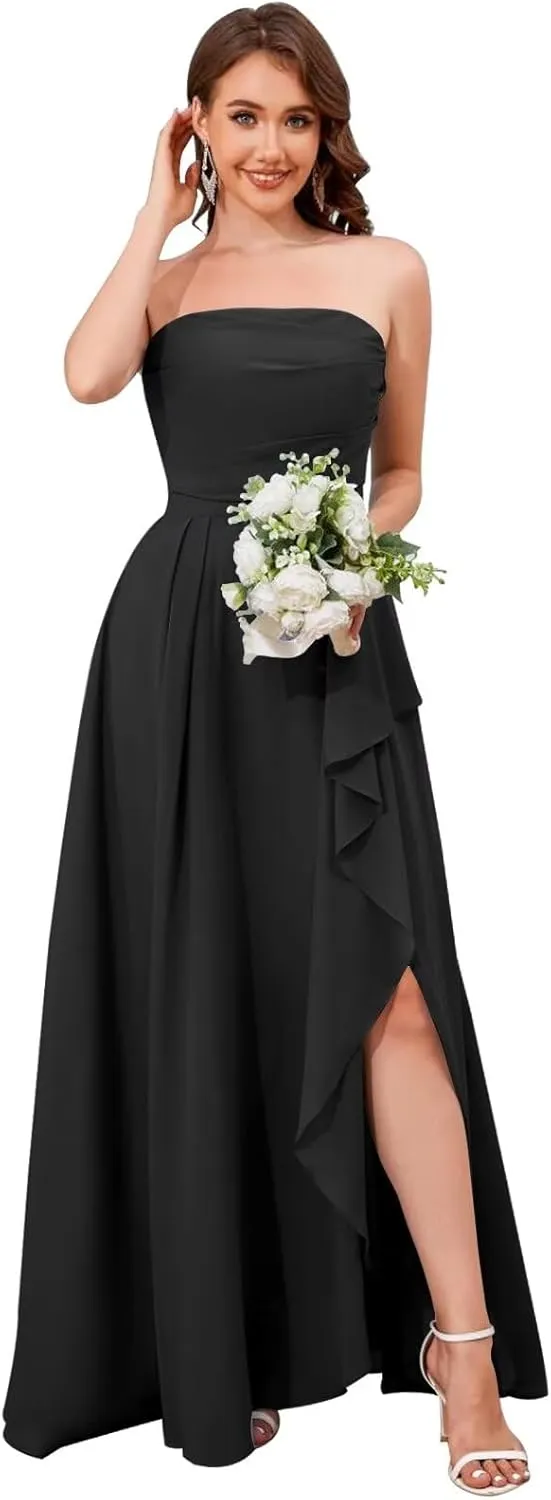 Strapless Chiffon Bridesmaid Dresses for Women Ruffle Ruched Long Evening Gown with Slit