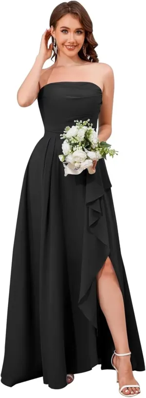 Strapless Chiffon Bridesmaid Dresses for Women Ruffle Ruched Long Evening Gown with Slit